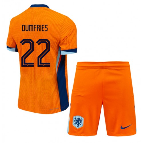 Países Bajos Denzel Dumfries #22 Primera Equipación Niños Eurocopa 2024 Manga Corta (+ Pantalones cortos)